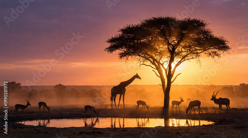 Majestic African Savanna Sunset with Silhouette of Giraffe and Antelopes at a Waterhole