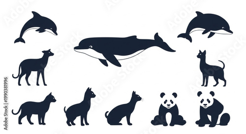 Collection of Animal Silhouettes Including Dolphins Whales Pandas Cats Dogs.