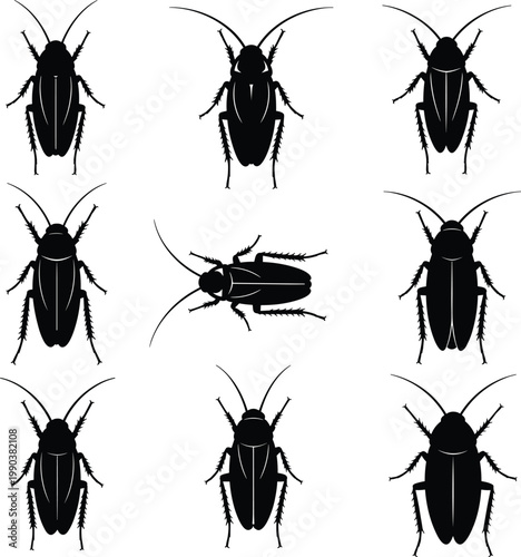 Black silhouettes of cockroaches arranged in grid pattern with antennae, legs, and segmented bodies, symbolizing pest control, infestation, and biology