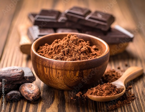 Organic Cocoa Powder In A Wooden Bowl With Dark Chocolate Bars And Raw Cocoa Beans On A Rustic Wooden Table Background