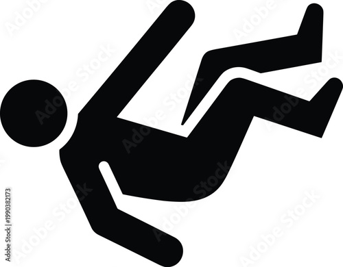 Black silhouette of person falling with bent arms and legs, hazard warning icon symbolizing slippery surface, accident risk, workplace safety awareness