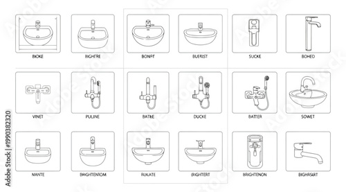 Set of bathroom sink and faucet icons