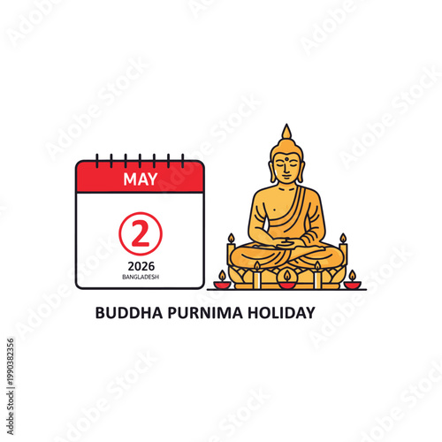 A Buddhist calendar marking Buddha Purnima holiday on May 2, 2026, with a serene Buddha statue