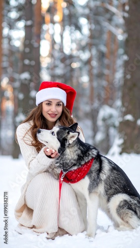 A woman, wearing a festive hat, kneels in snow-covered woods, petting a husky with a holiday scarf. Sunlight filters, creating a dreamy scene