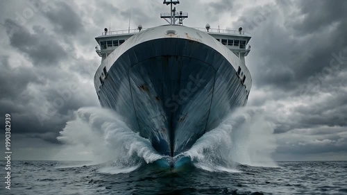 Heavy Cargo Vessel Bow Sailing Through Dark Stormy Waters