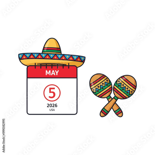 A colorful illustration of a calendar and maracas celebrating Cinco de Mayo