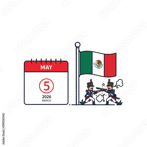 A cartoon illustration of two Mexican soldiers running with guns and a calendar marking May 5th, 2026, next to the Mexican flag.