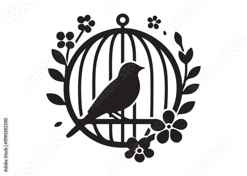 bird in a cage logo design silhouette vectors illustration, bird in a cage silhouette vector logo, silhouette birdcage vector logo, vintage black birdcage logo silhouettes vector on a white background