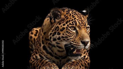 Majestic Jaguar Looking at Camera with Intense Eyes on Black Backdrop
