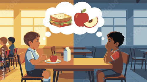 Students in a classroom setting contrast the experience of having a nutritious lunch against those facing food scarcity and hunger daily.