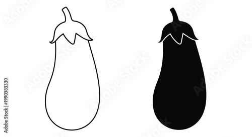 A simple illustration depicts two eggplant shapes one white with black outline and one black silhouette high quality