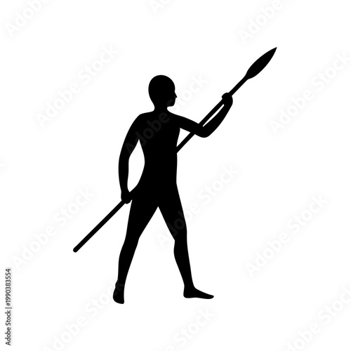 Ancient warrior, primitive man, black silhouette, spear and javelin, hunting icon