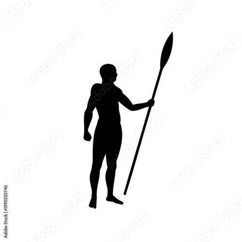 Black silhouette, ancient warrior, tribal man, holding spear, isolated vector icon