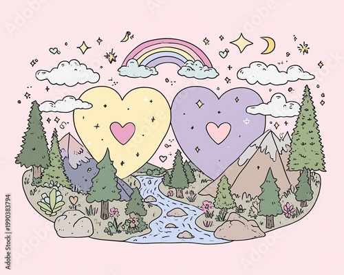 Cosmic Heart Landscape Illustration Sun Moon Love Unity Symbol Mystical Nature Dreamy Scene
