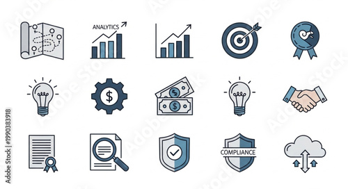 Business Icons Set Doodle Style Hand Drawn.