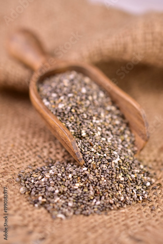 Chia seeds in a wooden spoon. Close-up.
