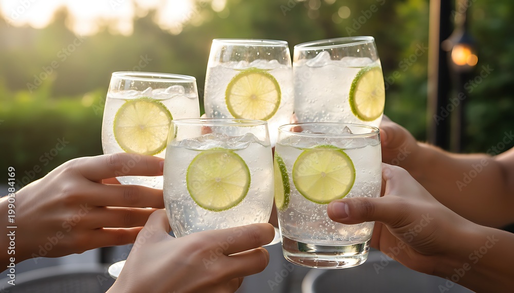 Fototapeta premium Cheers to a refreshing summer with chilled gin and tonic drinks adorned with lime slices