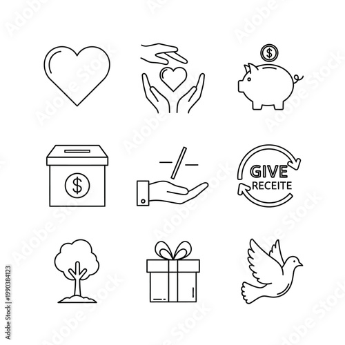 Charity and giving icons heart hands piggy bank gift box dove