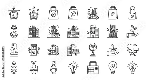 Set of hand drawn eco friendly sustainable energy icons.
