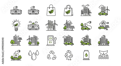 Collection of hand drawn eco friendly and sustainability concept icons.