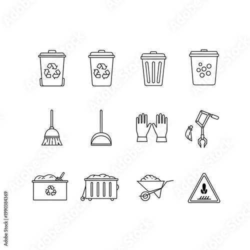 Clean waste management icons trash cans tools and recycling symbols