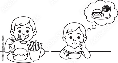 Boy eating a burger and fries sits next to another child who looks sad while thinking about fast food in this black and white hand drawn illustration style graphic.