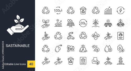 Collection of forty editable thin line icons related to sustainability and environmental protection.