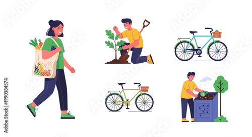Set of people performing eco friendly activities and sustainable lifestyle actions.