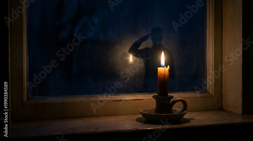 Burning candle on window sill with veteran silhouette saluting as memorial day tribute