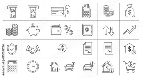 Financial Icons Set Representing Money and Business Concepts.