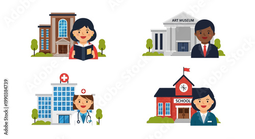 Set of diverse professionals and their corresponding public buildings and institutions.