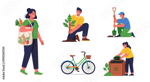 People engaged in eco-friendly activities and sustainable lifestyle habits.