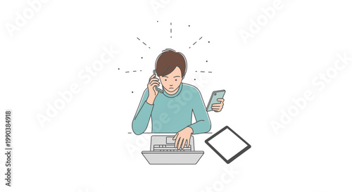 Multitasking woman, working on laptop, talking on phone, holding mobile, modern office
