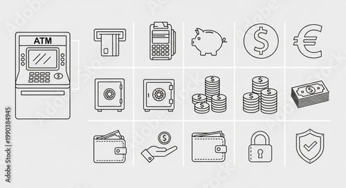 Financial Icons Set Including ATM Machine and Piggy Bank.