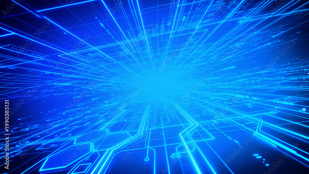 Fototapeta premium Futuristic Blue Technology Grid Background with Data Network Perspective