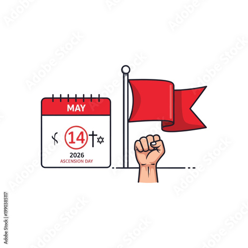 A cartoon illustration of a raised fist holding a flag next to a calendar marking Ascension Day.