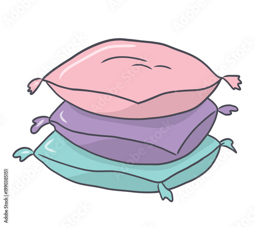 Stacked pastel pillows in pink, purple and teal with stitched details, hand drawn vector illustration for cozy decor, pajama party or sleep themes.