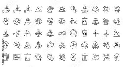 Set of doodle style environmental protection and sustainability icons.