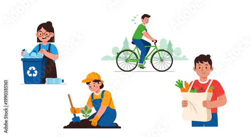 People engaged in eco-friendly and sustainable lifestyle activities illustration.