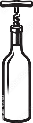 Black and white of a corkscrew inserted into a wine bottle neck bottle opener kitchen utensil bar tool