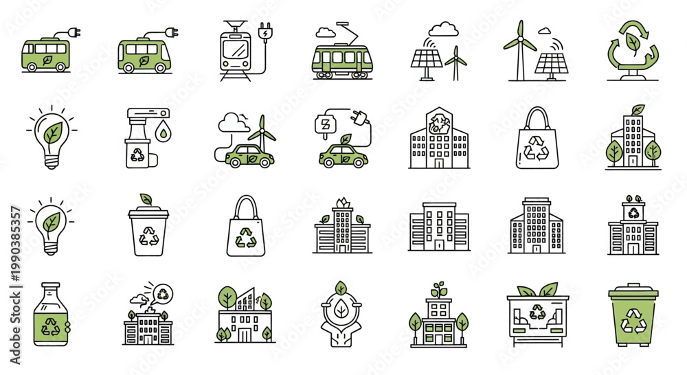 Fototapeta premium Set of Hand Drawn Eco Friendly Green Energy and Sustainability Icons.