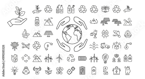 Collection of hand drawn eco friendly and environmental protection doodle icons.