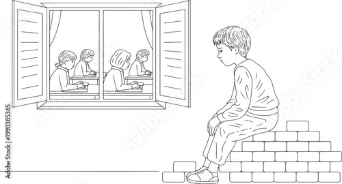 Boy sitting alone on a brick ledge outside a window observes classmates studying quietly in a classroom setting, illustrating themes of social exclusion and academic isolation in childhood.