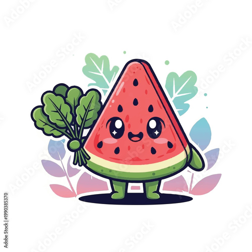 Cute Watermelon Character Holding Fresh Green Leafy Vegetables.