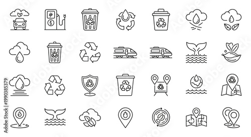 Set of Hand Drawn Ecology and Environmental Icons.