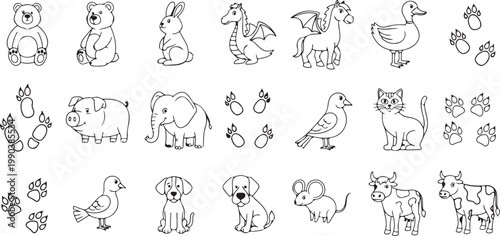 Animal icons, cute line drawings, pet illustrations, 25 animal graphics