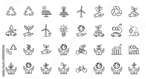 Set of hand drawn ecology and environmental protection doodle icons.