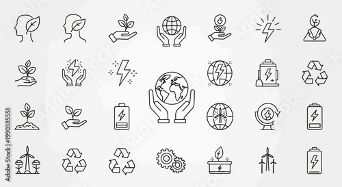 Collection of hand drawn eco friendly energy and environmental sustainability line icons.