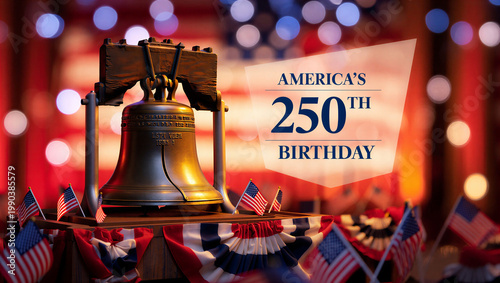 The iconic Liberty Bell surrounded by American flags and bunting on a festive background with text marking America's 250th birthday