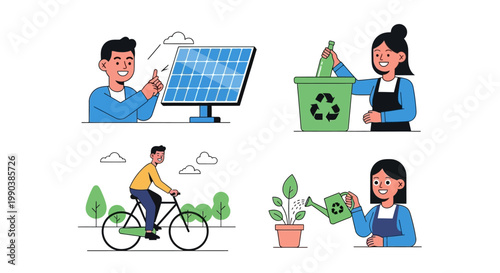 Set of diverse people engaged in various sustainable and eco friendly lifestyle activities.